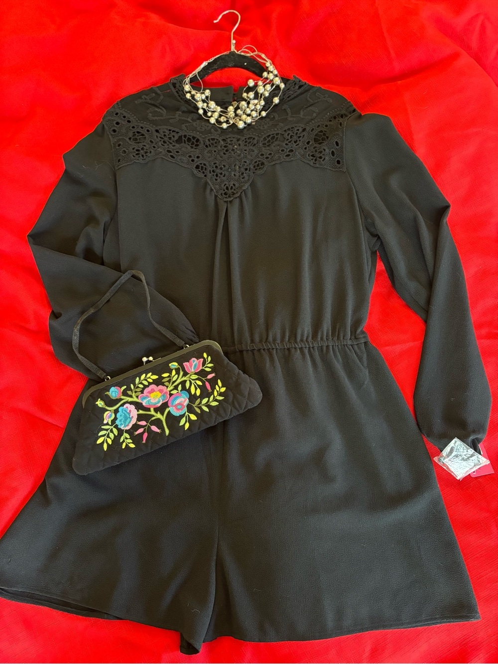 Outfits To Go, Black Women's Lace Yoke Romper with Embroidered Handbag